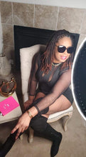 Load image into Gallery viewer, Black Tease Romper styled with heels for a night out